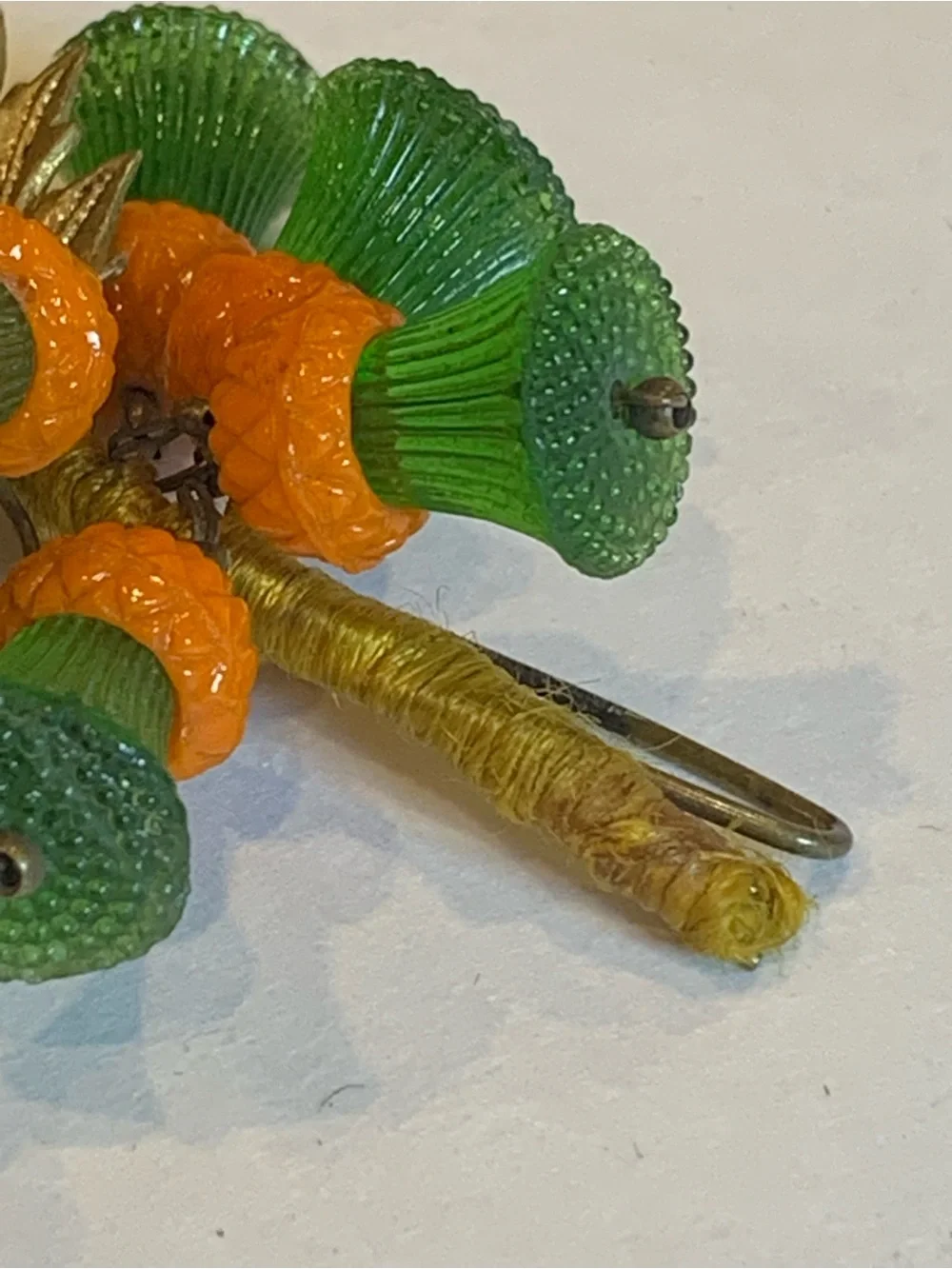 Vintage Czech Glass Flower Bouquet Brooch Orange Green Silk Wrapped Stem